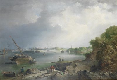 Een uitzicht over de Hamoaze naar de overdekte hellingen en gebouwen van de marinewerf in Devonport door Richard Brydges Beechey